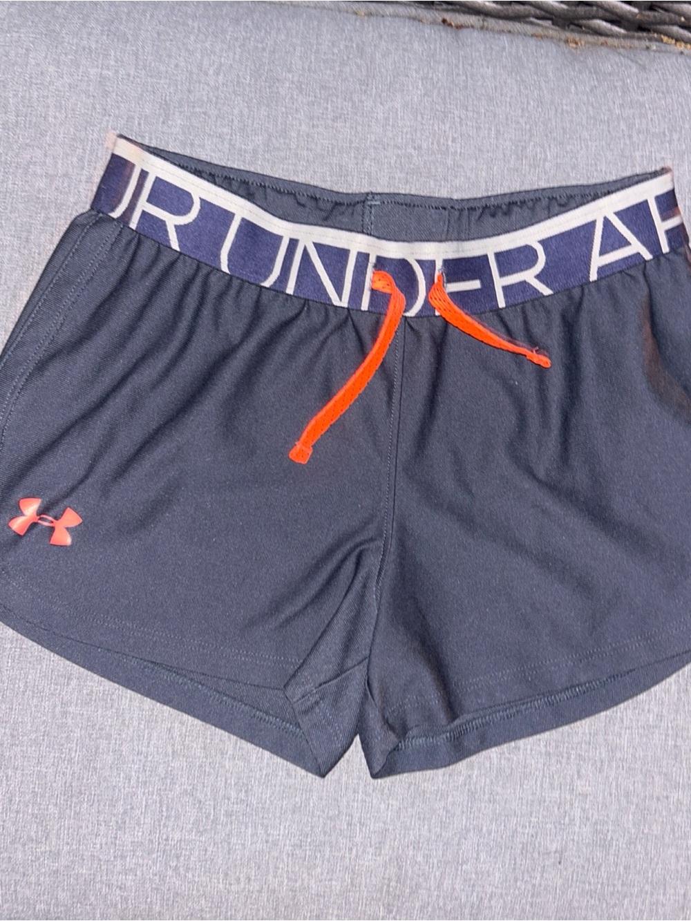 Under Armour Youth Medium Navy Blue Athletic Shorts with Orange Accents